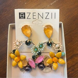 Zenzii Yellow Floral Statement Drop Earrings with Pink Accents *NEW*